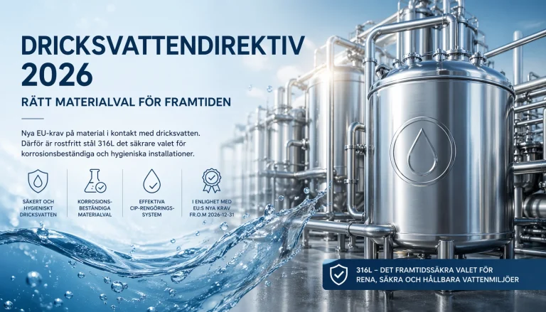 Rostfria 316L tankar och vattenflöde – illustration för EU:s dricksvattendirektiv 2026